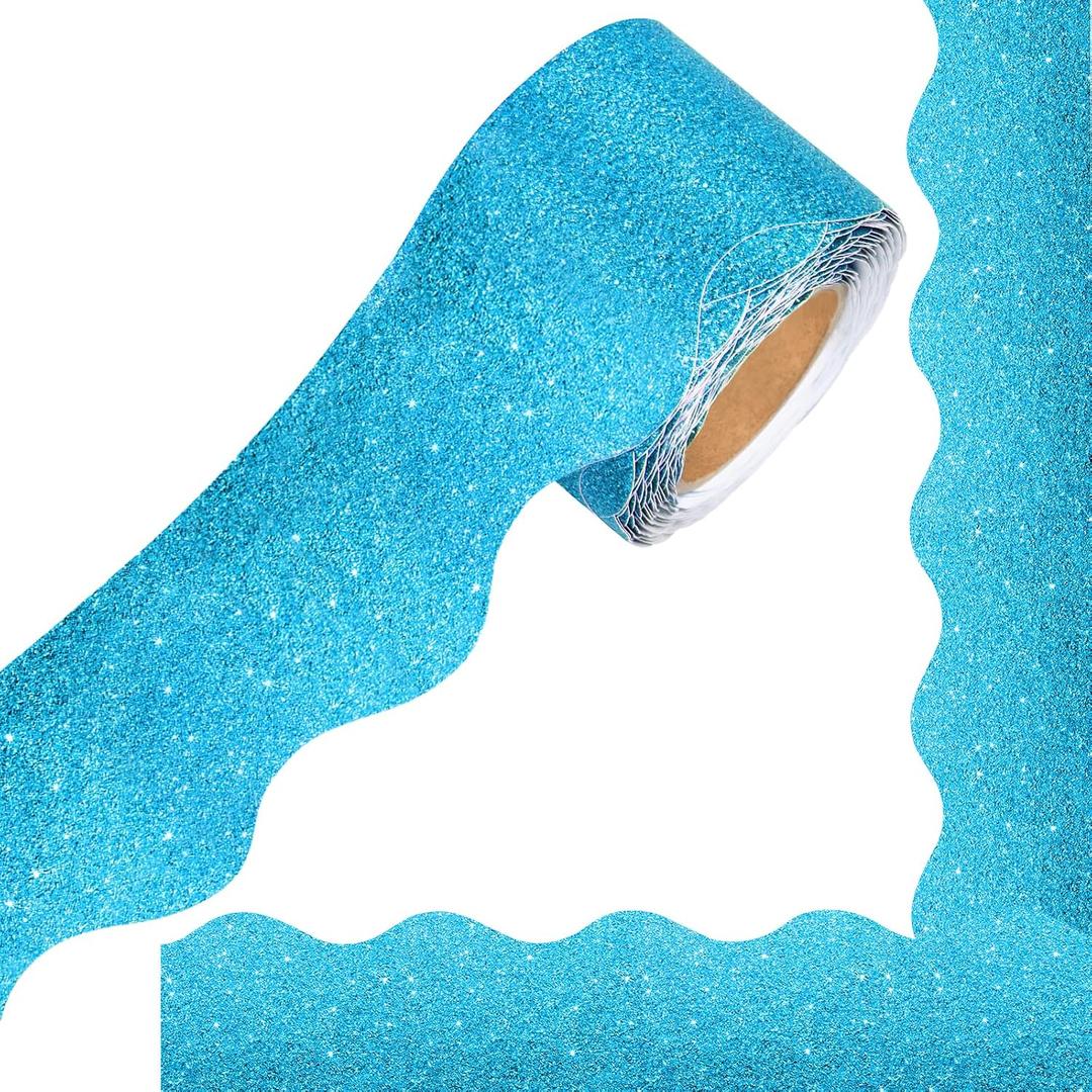 Light Blue Glitter Bulletin Board Borders, 65.6Ft Shine Blue Scalloped Borders Trim Sparkle Self-Adhesive Bulletin Stickers for Winter Holiday Classroom School Office Party Wall Decor