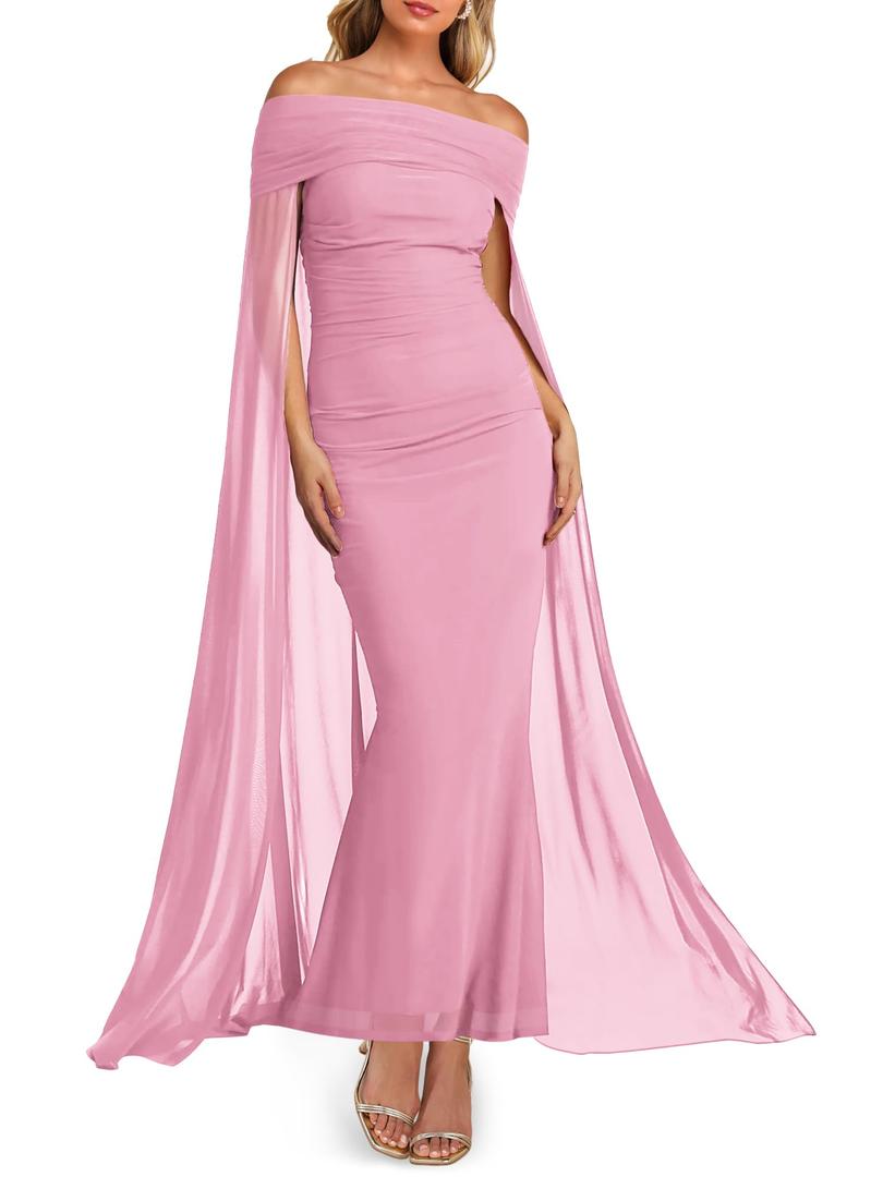 HESUUIO Elegant Off Shoulder Formal Dress Mesh Cape Overlay Wedding Guest Evening Gowns Bodycon Maxi Long Dress Pink M