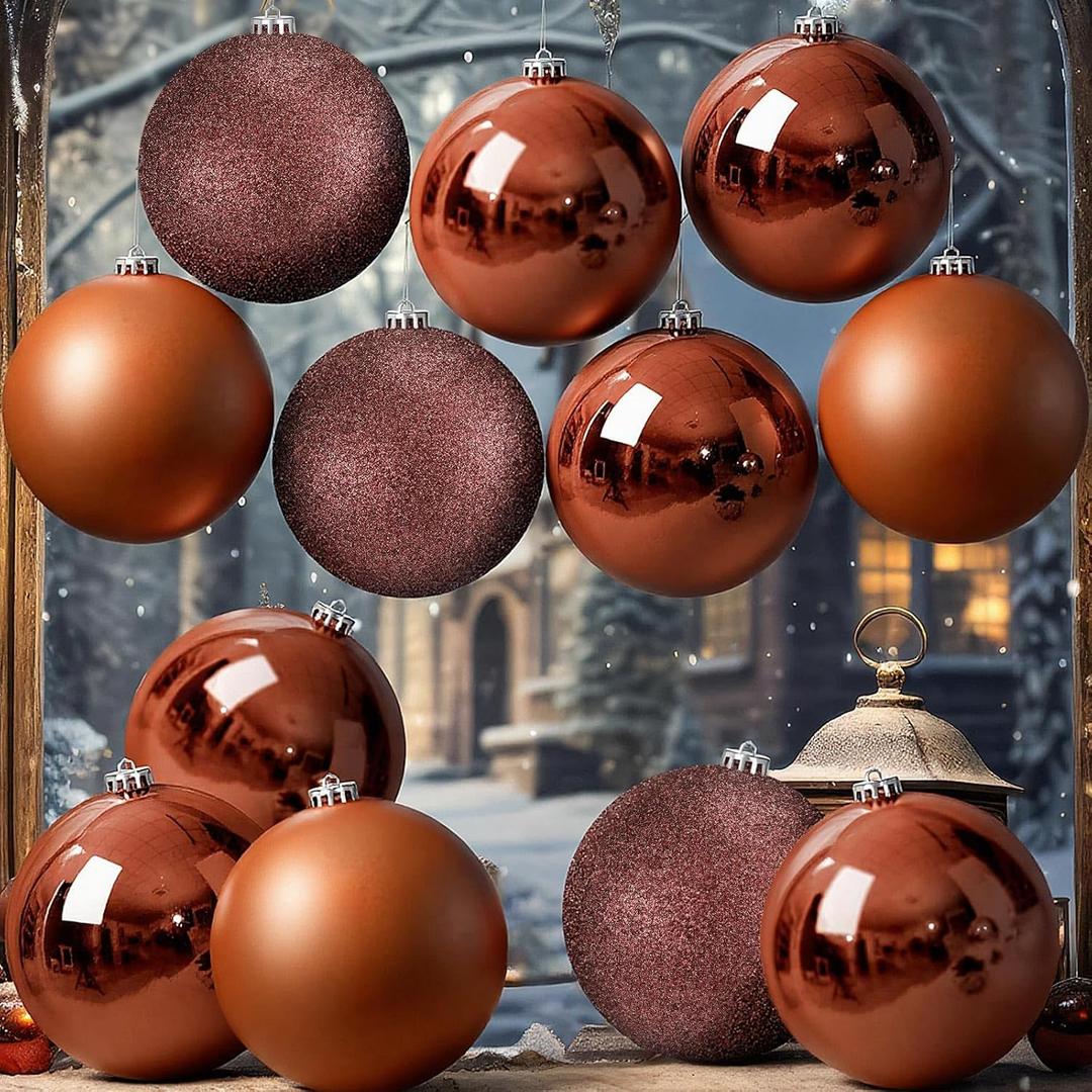 Jenaai 12 Pcs Large Brown Christmas Ball Ornaments, 6 Inch Big Oversized Shatterproof Christmas Tree Decorations Matte Glitter Giant Jumbo Plastic Hanging Baubles for Xmas Holiday Party Indoor Outdoor