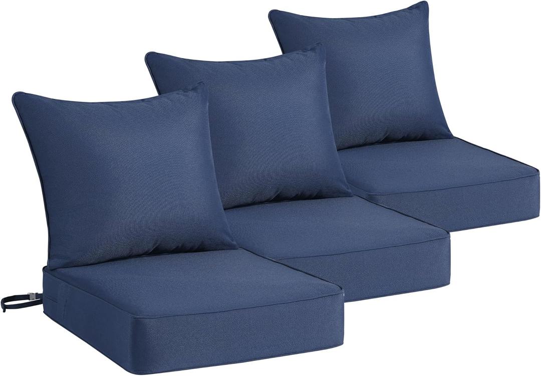 Patio Furniture Cushion Set, 24 x 24 x 6 Extra Thick Deep Seat Outdoor Chair Cushions for Patio Furniture, Olefin Replacement Set, Water Resistant, Removable Cover, Ties and Handle, Blue