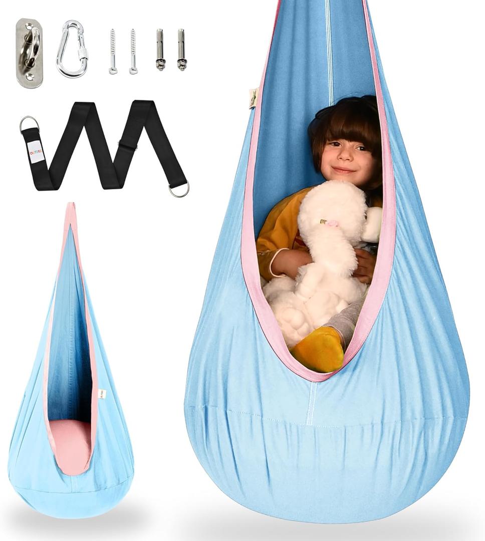 OUTREE Kids Pod Swing Seat, Cotton Child Hammock Swing Chair, Sensory Swing for Indoor and Outdoor Use, Macaron Blue
