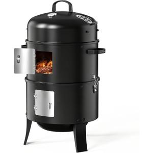 Charcoal Smoker, 3 in 1 Heavy Duty Vertical Barbecue Grill, Adjustable Air Vent, Outdoor Smoker for Backyard, Barbecues, Camping, 18" Black