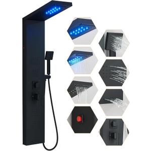 Black Shower Panel Contemporary Shower Tower with LED Shower Head Large Body Jets Wall Mounted Shower Panel Tower System