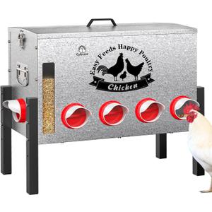 16gal Large Automatic Chicken Feeder - 10 Port No Waste Poultry Feeder, Rust-Proof Alloy Steel with Locking Lid & Adjustable Legs for Chickens, Ducks, Geese, Poultry