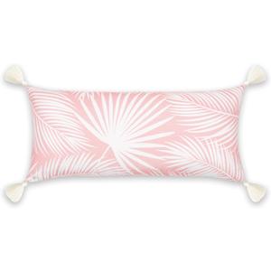 Hofdeco Premium Coastal Patio Indoor Outdoor Long Lumbar Pillow Cover Only, 12"x26" Water Repellent for Backyard, Couch, Blush Pink Palm Leaf with Tassels, 2 pieces