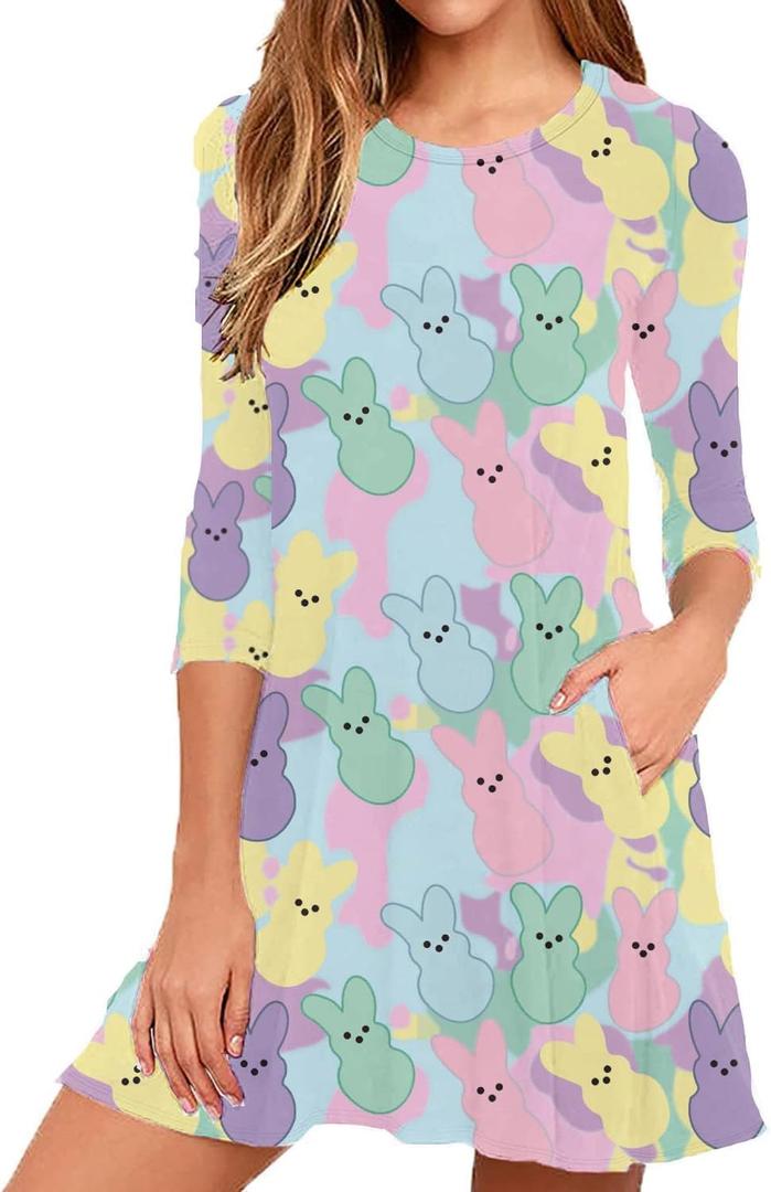 Roshop Women's Cinco de Mayo Fiesta Print T-Shirt Dress Long Sleeve Casual Pocketed Tunic Holiday Dress (Medium)