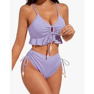 SKAYS Women's Two Piece Swimsuit Ruffle Bikini High Waisted Bikini Sets Halter Bathing Suit for Curvy Women with Drawstring, Size L