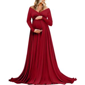Saslax Maternity Off Shoulders Half Circle Gown for Baby Shower Photo Props Dress (Large, 1#-burgundy 162)