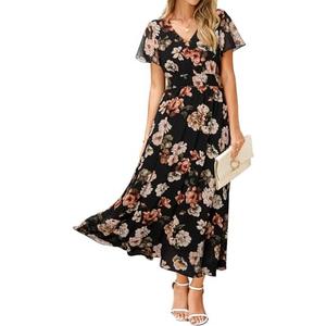 Simplee Womens Floral Maxi Dress - Short Sleeve Summer Boho Wedding Guest Dress Empire Waist Chiffon Modest Midi Dresses Large, Black 3 