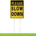 Kichwit Please Slow Down Sign, 16 Inch x 12 Inch/28 Inch High, Double Sided Aluminum Reflective Slow Down Sign with Metal Stakes