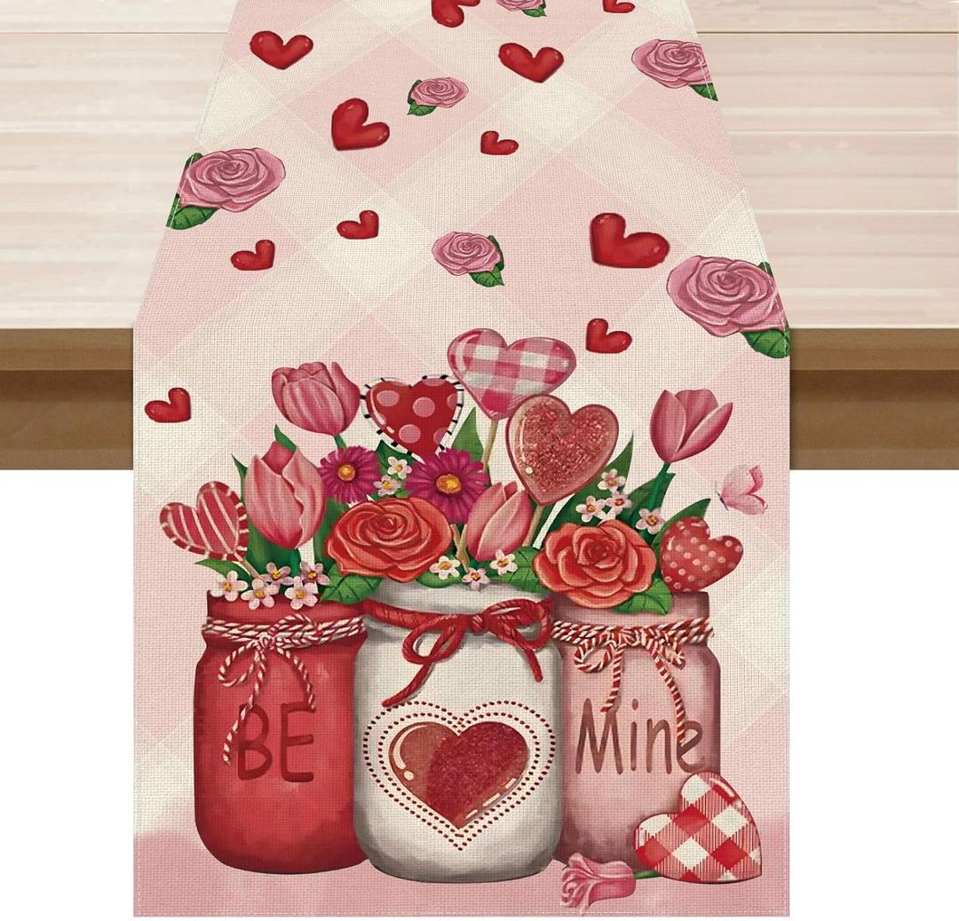 2 x XCHI Roses Flowers Love Hearts Vase Valentines Day Table Runner Table Decoration for Party Home Kitchen Dining Dinner Holiday Decor 13x90 Inch