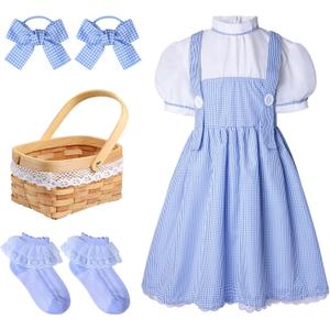 4pcs Deluxe Storybook Character Costumes for Girls, Classic Blue Gingham Dress Costume with Hair Bows Basket Socks (Small)