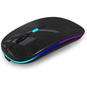 WREANU Wireless Bluetooth Mouse Rechargeable Laptop Mice with LED Lights Silent Slim Use(BT5.2 and 2.4G Portable USB Receiver)Dual Mode Computer Mouse for Laptop/iPad/Tablet/Apple/PC/Mac(Black Pearl)
