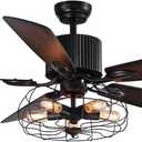 Industrial Caged Ceiling Fan Light with Remote Control 52 Inch Vintage Ceiling Fan Light Farmhouse Black Retro Indoor Fandelier with 5 Reversible Wood Blades for Living Room Bedroom