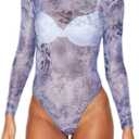 Women's Printed Mesh Long Sleeve Bodysuit, Sexy One Piece with Mock Neck Snap Crotch Leotard Top (Light Blue)