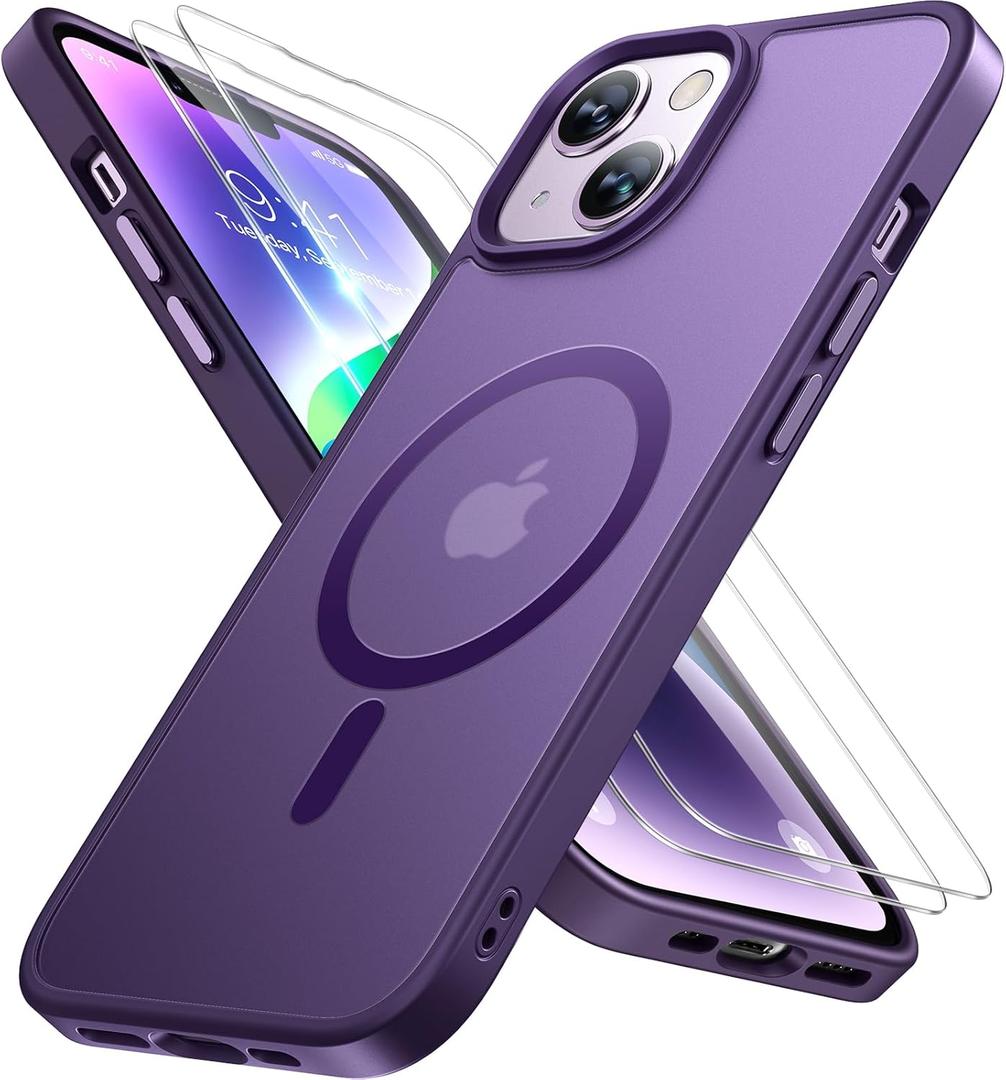 Miracase Magnetic for iPhone 14 Case 6.1 inch (Compatible with MagSafe)with 2X Screen Protectors Military-Grade Protection, Anti-Fingerprint Translucent Matte Phone Case Cover, Dark Purple