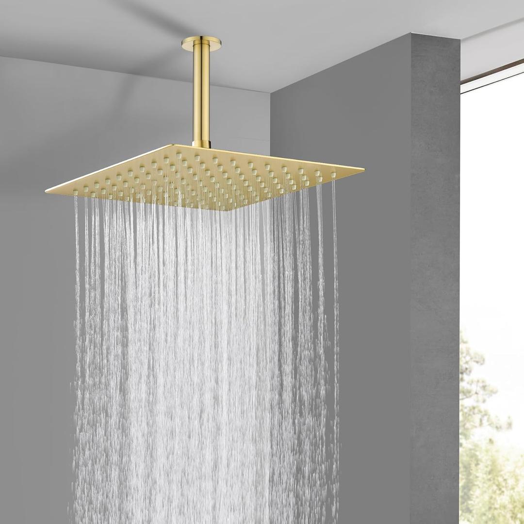 Rain Shower Head 10'' High Pressure Square Rainfall Shower Head Stainless Steel Ultra Thin Waterfall Bathroom Showerhead Body Covering Ceiling Mounted (Brushed gold)