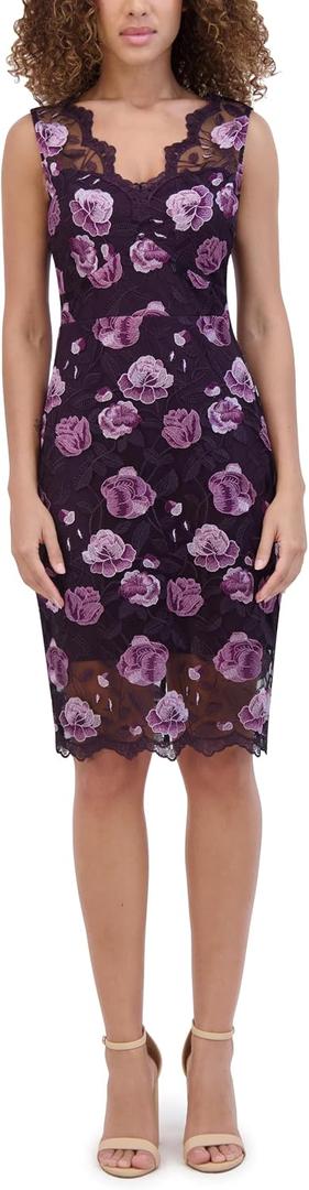 Kensie Women's Sleeveless V-Neck Embroidered Mesh Sheath Dress (Purple, 12)