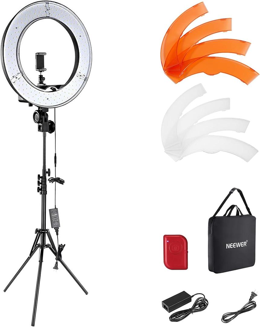 NEEWER Ring Light 18inch Kit: 55W 5600K Professional LED with Stand and Phone Holder, Soft Tube & Bag for Tattoo Lash Extension Barber Makeup Artist Studio Video Photography Lighting, RL-18