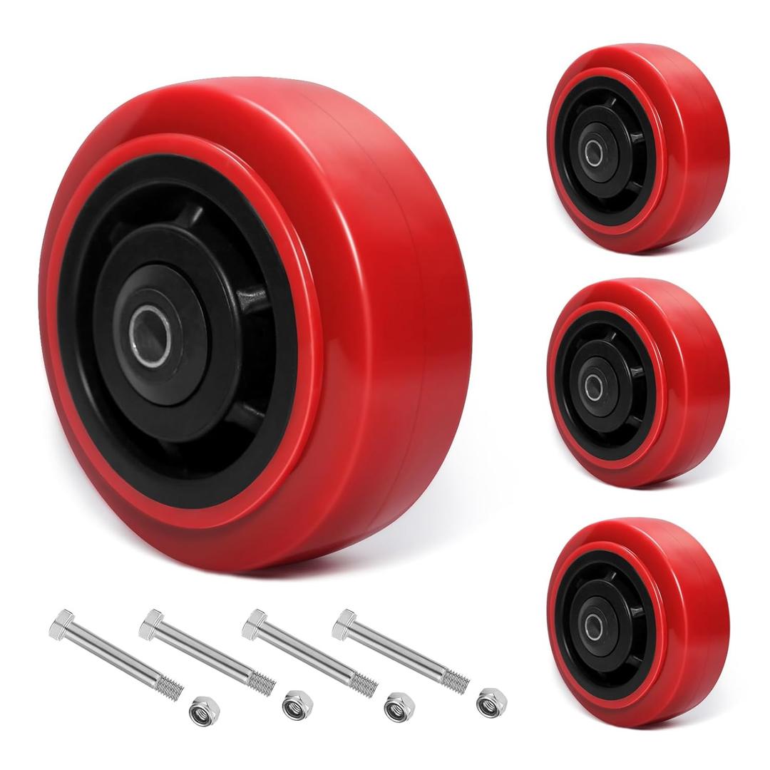 5 Inch Polyurethane Caster Wheels- Polyurethane on Polyolefin Core Wheel with Double Roller Bearing, Casters Set of 4 Heavy Duty with 4000 lbs Capacity, Use for Handling, Industrial Trolleys