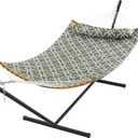SUPERJARE Hammock with Stand, 2 Person Heavy Duty Hammock with Padded Cotton, Detachable Pillow & Strong Curved-Bar & Portable Carrying Bag, Perfect for Outdoor & Indoor, Grey with White Flower