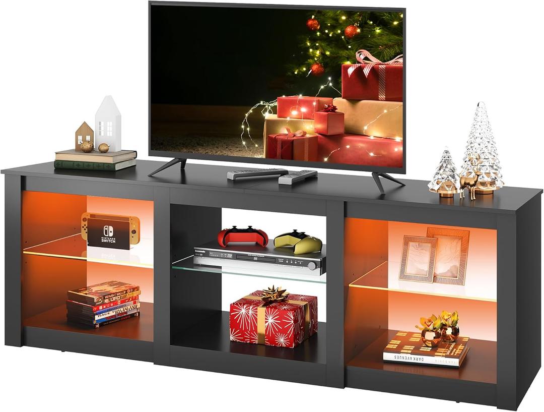 WLIVE LED TV Stand for 65-Inch TV, 58-Inch Entertainment Center with Adjustable Glass Shelves, Modern Media Console for Living Room & Bedroom, Black