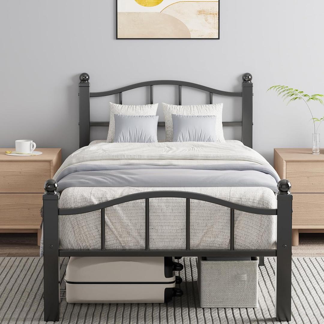 Metal Twin Bed Frames, Noise-Free Design & Underbed Storage Heavy Duty Bed Frames with Headboard No Box Spring Needed/Tool-Free Assembly
