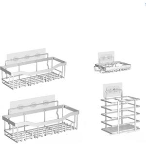 Non-Perforated Bathroom Storage Rack Shelf Set, Wrought Iron Wall-Mounted Shelf, Washing and Storage (Square 6-hook Silver 5-piece Set)