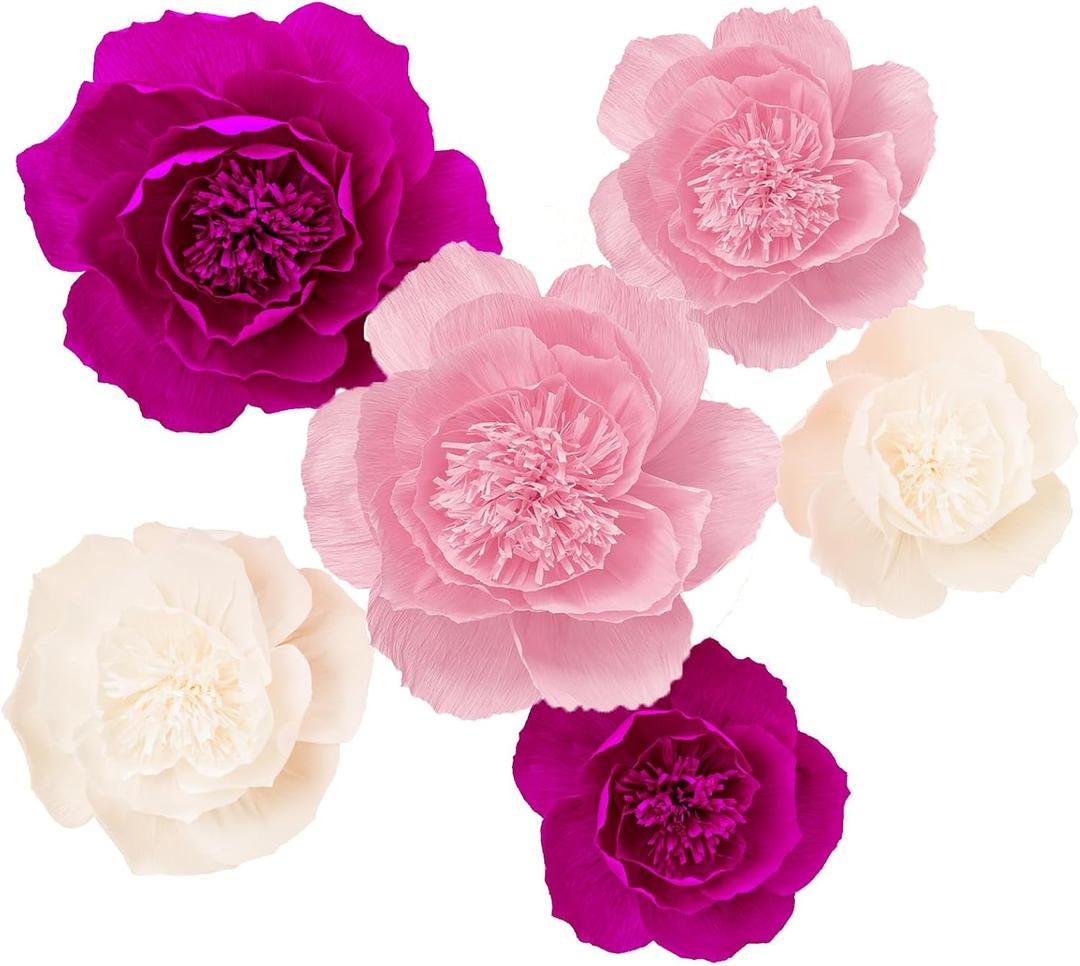 Crepe Paper Flowers Decoration for Wall, Flowers for Wedding Flower Backdrop Decor,Baby Shower,Birthday Party,Photo Backdrop,Archway Decor, Nursery Wall Decor (Rose Red+White+Pink;Set/6)
