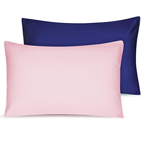 Soft Organic Cotton Toddler Pillowcases 14 X 20 Inches, Fit 13 X 18, 14 X 19 Pillows, Smooth Pearl Cotton Baby Pillowcases with Envelope Closure, Pink and Navy Blue, Set of 2