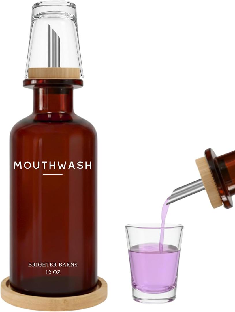 Amber Glass Mouthwash Dispenser for Bathroom by Brighter Barns - Refillable Mouthwash Container and Glass Cup - Modern Mouth Wash Dispensers for Bathroom - Boho Decor for Office, Airbnb, Hotel (Amber)