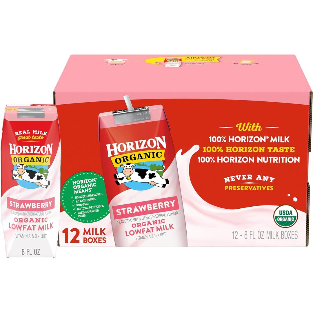 Horizon Organic Shelf Stable 1% Lowfat Strawberry Milk Boxes, Pack of 12 - 8g Protein per Serving (EXP 09/24/26)