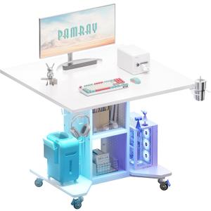 Pamray Small Rolling Gaming Desk with Led Lights Power Outlets and Storage Pegboard, Small Spaces Compact PC Computer Table White, 32 inch