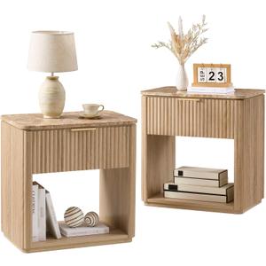 Fluted Nightstand Set of 2, 23" W Night Stand with Drawer, Wood Bed Side Table with Faux Marble-Top, Curved Corner, Metal Handle, Modern Bedside Table for Bedroom, Living Room, Office, Natural Oak