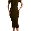 Women's Casual Mesh Elastic Double Layer Mock Neck Short Sleeve Keyhole Back Slit Midi Bodycon Dress Dark Brown, M