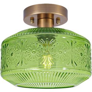 Semi Flush Mount Ceiling Light, Vintage Small Ceiling Light Fixture, Thickened Glass Hallway Light Fixture, Brass Kitchen Ceiling Mount Lamp with Green Glass for Entry Way, Bedroom, Bathroom, Porch