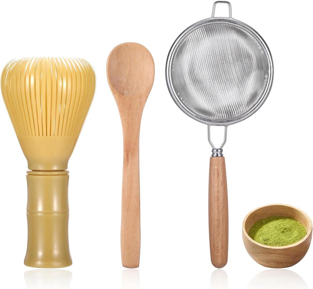 Matcha Whisk Tools Set, PP Resin Matcha Stirrer Green Tea Powder Preparation Prepare Japanese Tea, Includes 1 Whisk & 1 Sifter & 1 Spoon (Yellow)