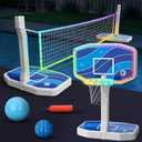 2-in-1 LED Pool Basketball Hoop Poolside & LED Pool Volleyball Net Set Swimming Pool Basketball Goal Outdoor for Kids Teens Adults Light Up Pool Toys Pool Games for Inground Pools