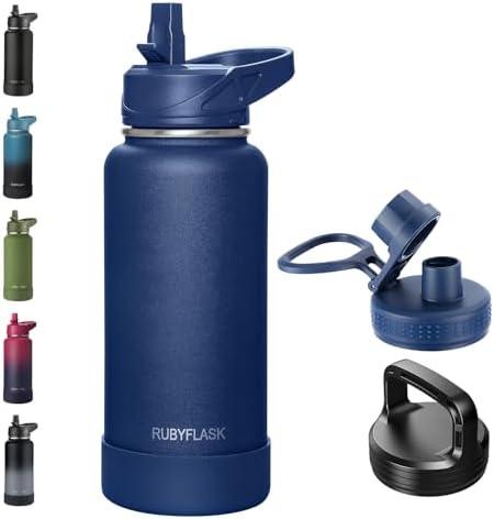 RUBYFLASK 32oz Insulated Water Bottle with Straw, Stainless Steel Metal Vacuum Water Flask, Large Thermal Water bottle with Leakproof 3 Lids for Travel, Camping, Gym Sports Navy