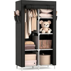 ROJASOP Portable Closet Wardrobe Closet for Hanging Clothes with 6 Storage Shelves, 1 Hanging Rod and 4 Pockets, Clothes Organizer and Storage Wardrobe Free Standing Closet for Bedroom, White