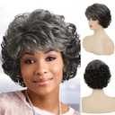 Sallcks Short Curly Grey Wigs for Women Soft Synthetic Heat Resistant Hair Replacement Full Wigs for Daily Party Use (Ombre Grey)