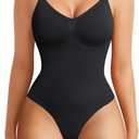 BRABIC Womens' Seamless Sleeveless V-Neck Bodysuit Shapewear Tummy Control (X-Small-Small, Black Thong)