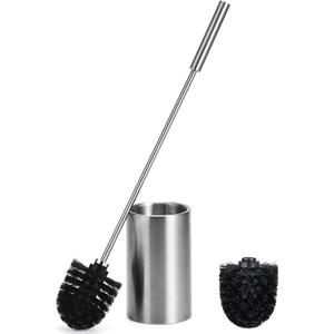 Toilet Bowl Brush and Holder Solid Long Handle Toilet Brush for Bathroom with Heavy Duty 304 Stainless Steel Base and 2 Brush Heads for Domestic Deep Cleaning Under Rims (Silver 1)
