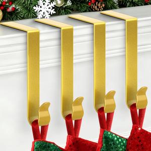 Christmas Stocking Holders for Mantle Set of 4,Non-Slip Fireplace Stocking Holder,Lightweight Mantel Hooks Hanger,Stocking Hooks for Christmas Party Decoration (Gold)
