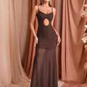 EYNMIN Spaghetti Strap Maxi Dress V Neck Cut Out Ruched Bodycon Mesh Long Formal Wedding Guest Dresses for Women (Brown, M)