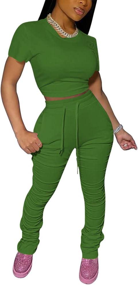 PINSV Women's 2 Piece Outfits Bodycon Lounge Wear Crop Top Stacked Pants Going Out Jogging Tracksuit Sets (Green, M)