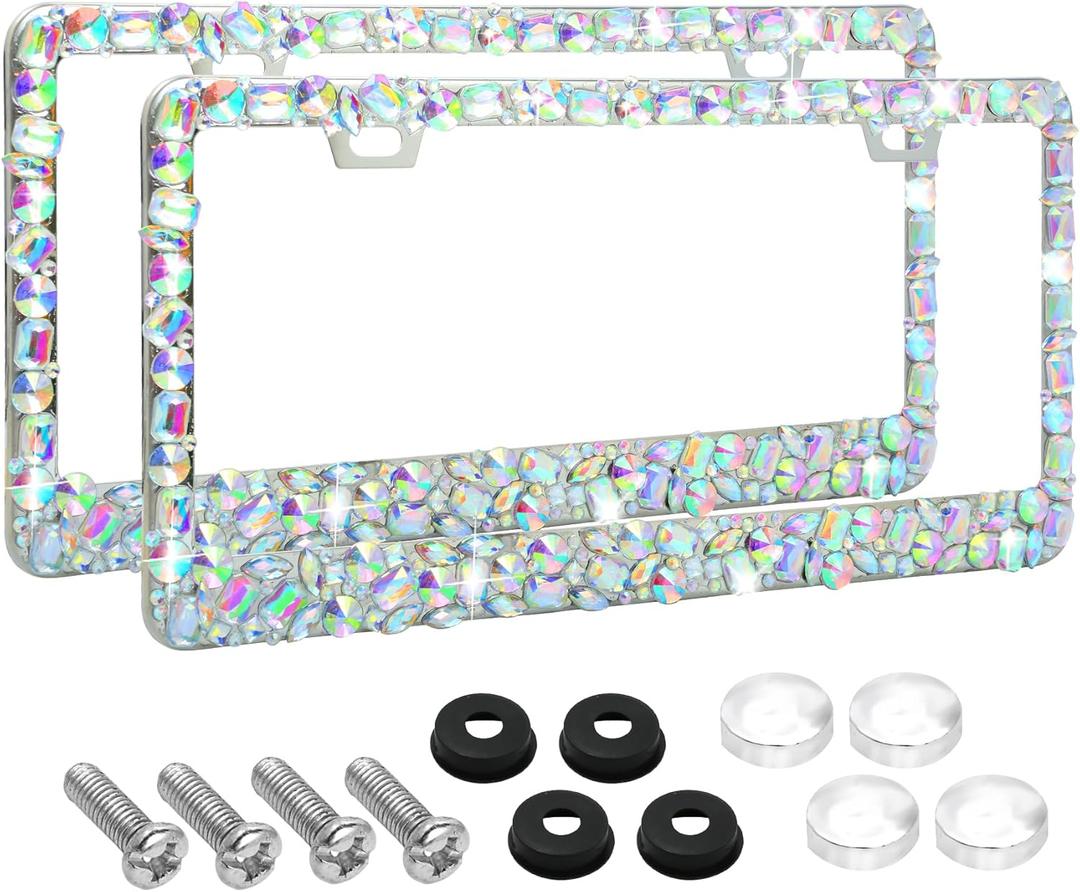 Bling License Plate Frame for Women - Diamond Rhinestone Sparkly Glitter License Plate Frame, Stainless Steel Obstruction-Free Cute Bedazzled Girly License Car Plate Frame 2 Pack