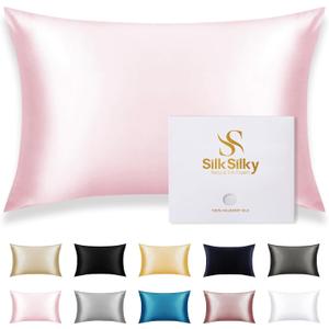 SilkSilky 100% Mulberry Silk Pillowcase - Pure 22 Momme High-Grade 6A Fibers for Hair & Skin, Envelope Closure, Natural, Organic, Breathable & Cooling Pillow Case (Standard, Pink)