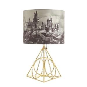 Harry Potter Figural Table Lamp – 16" Tall Gold Wire Base with Printed Hogwarts Shade, Decorative Kids Desk or Nightstand Lamp for Bedroom, Playroom, or Study Area