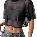 Avanova Women Sheer Mesh Crop Top Boxy Short Sleeve Shirt Black X-Small